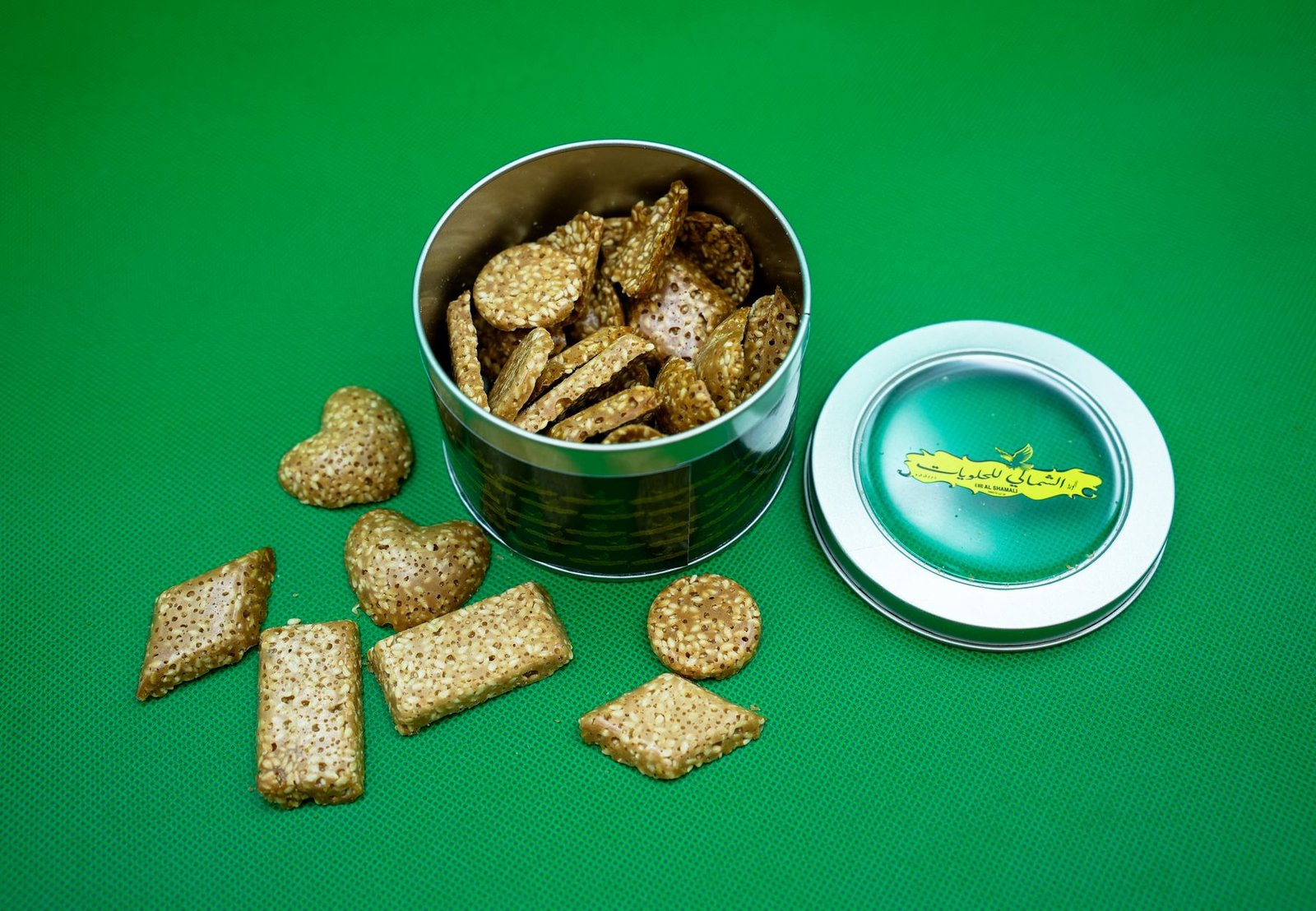Assorted sesame sweet shapes including hearts and diamonds